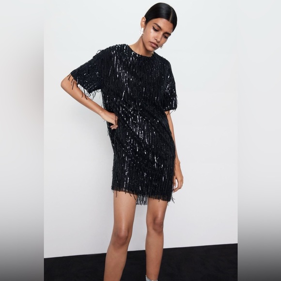 Zara fringe mini dress, black, fringe, sequin, size S - Picture 1 of 7